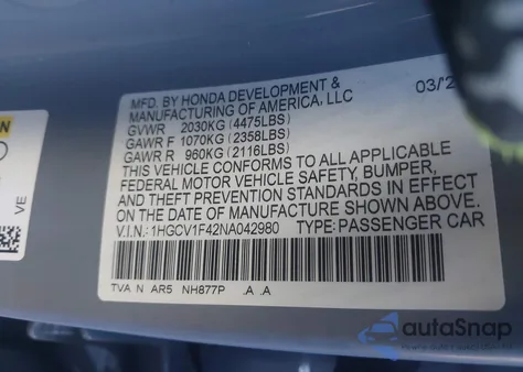 2022 Honda Accord Sport Special Edition из США, поврежденный, VIN 1HGCV1F42NA042980